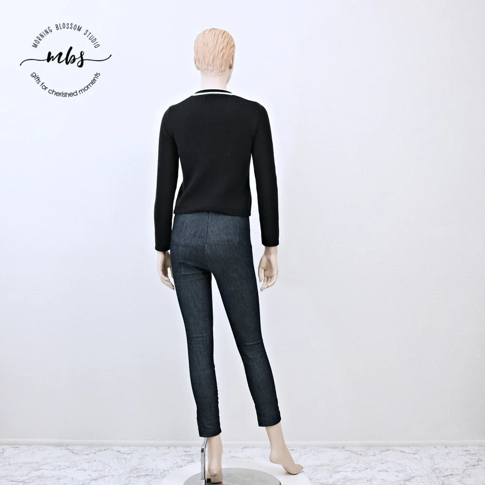 J. Crew Emilie Contrast Trim‎ Gold Button Sweater Jacket Black White Women XXS